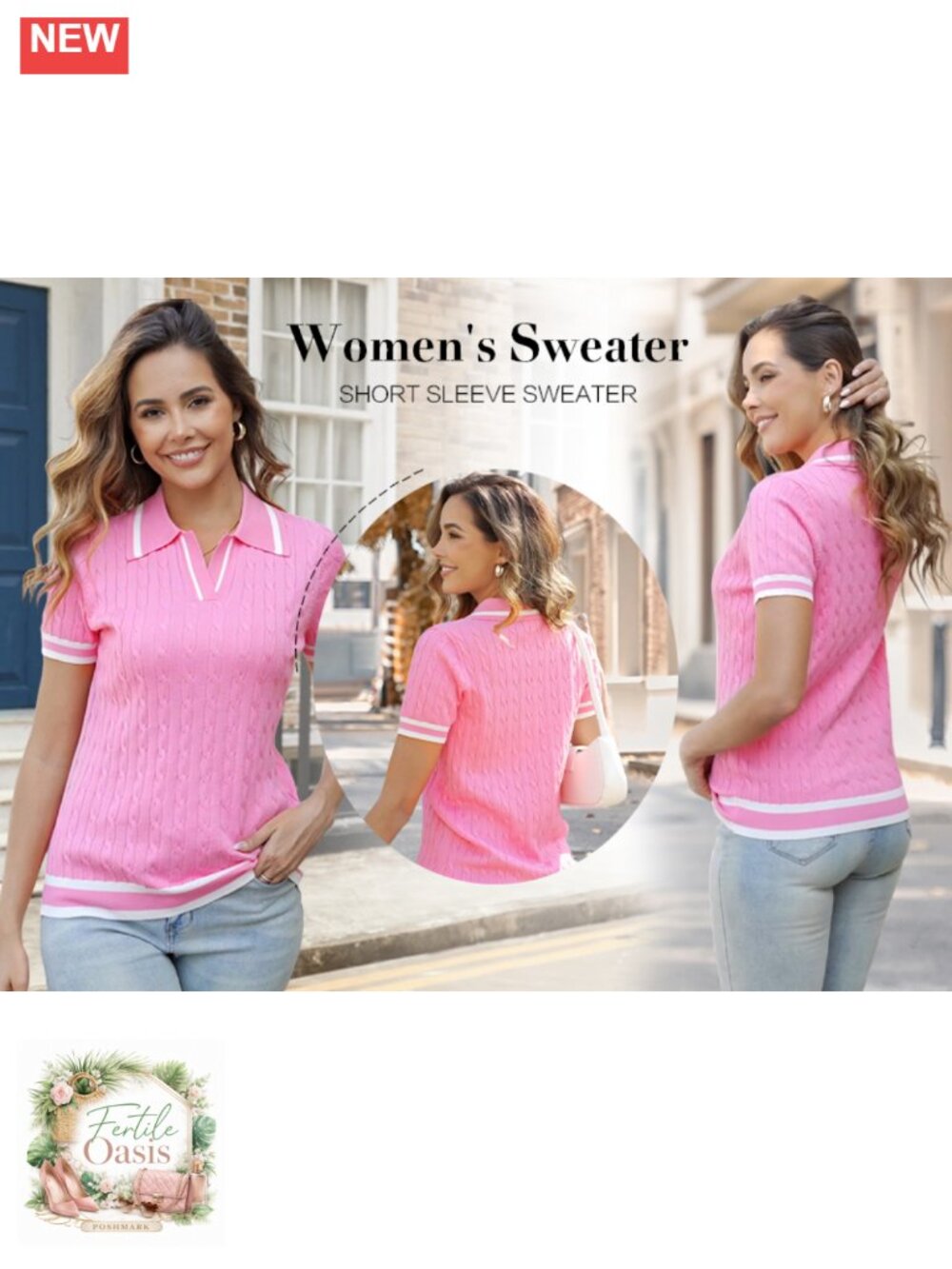 Womens V-Neck Short Sleeve Cable Knit Sweater Loose Fit Polo Pullover 80% - Picture 6 of 6